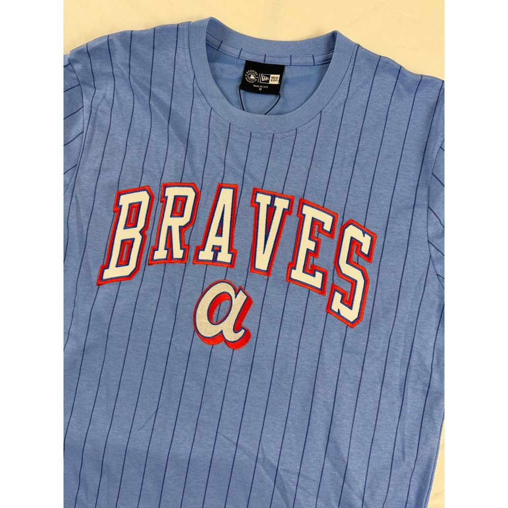 New Era Atlanta Braves T-Shirt Mens Medium Blue Pinstripe Embroidered MLB Tee